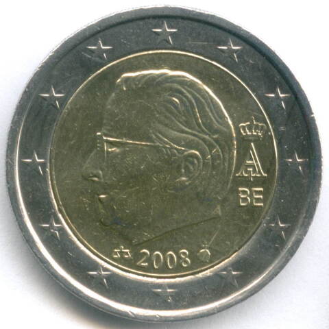 2 евро 2008 год. Бельгия. Регулярный выпуск (Альбер II). Тип 2. Биметалл XF-AU