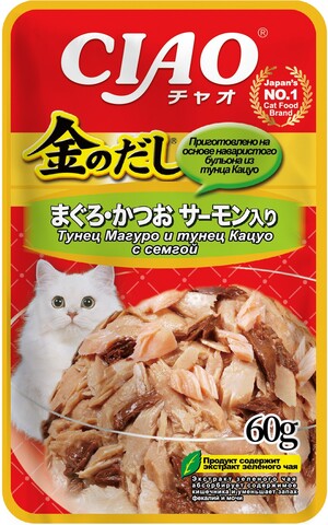 INABA Ciao Kinnodashi пауч для кошек тунец магуро,тунец кацуо с семгой в желе 60г