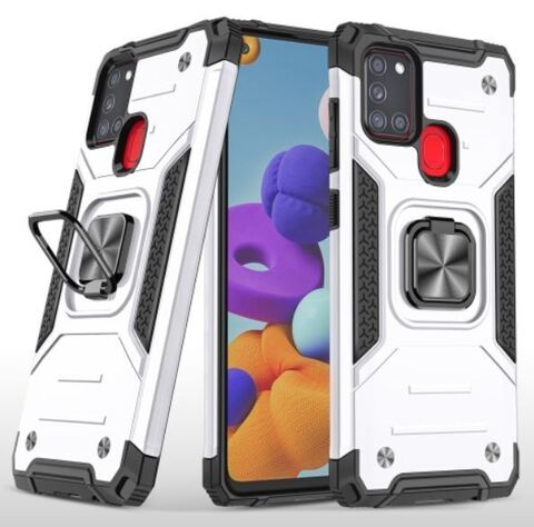 Противоударный чехол для Samsung Galaxy A21s серебристый с пластиной для магнитного автодержателя и кольцом подставкой / чехол для Самсунг Галакси А21c