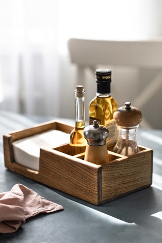 Oak Napkin Holder with Salt & Pepper Sections (lowered)