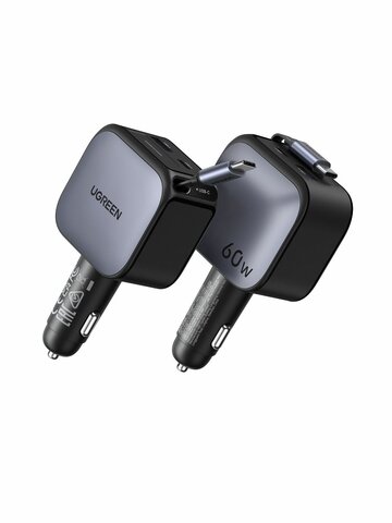 Автозарядка UGREEN EC602 (55212B) 60W Fast Car Charger USB-A&USB-C with Retractable Cable USB-C с выдвижным кабелем, металлик
