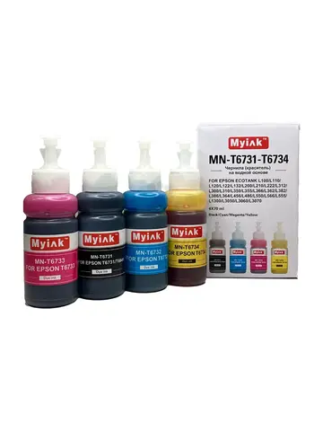 Чернила MyInk для Epson Ecotank L100, L110, L120, L122, L132, L200, L210, L222, L312, L300, L310, L350, L355, L366, L362, L382, L386, L364, L456, L486, , L550, L566, L555, L1300, L3050, L3060, L3070 (T6731-T6734), водные, комплект 4 цвета по 70 мл