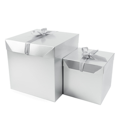 Коробка самосборная одиночная Куб, 21*21*21 см, Серебро металлик, с лентой, 1 шт.