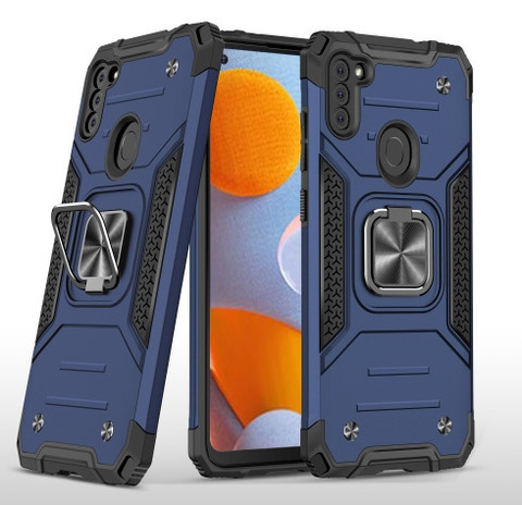 Противоударный чехол для Samsung Galaxy A11 A115 / M11 синий с пластиной для магнитного автодержателя и кольцом подставкой / чехол накладка для телефона Самсунг Галакси А11 А115 / М11 трансформируется в подставку / чехол с держателем на палец