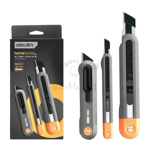 Набор технических ножей "Home Series Gray" Deli HT4003C (ножи 9мм+18мм+Т-образный), эксклюзивный дизайн, корпус из высококачественного софттач пластика