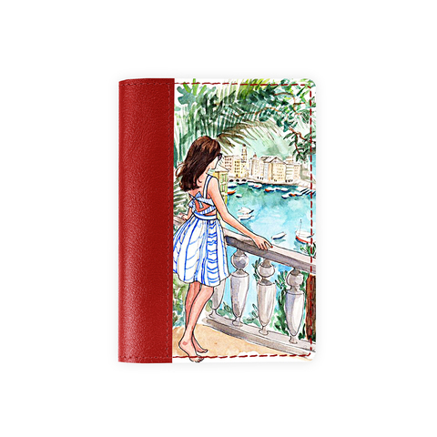 Обложка на паспорт комбинированная "Девушка на балконе", красная