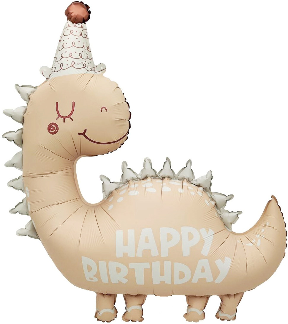 К Фигура, Динозаврик в колпачке, Happy birthday, Сатин, Бежевый, 39''/99 см, 1 шт. (под гелий)