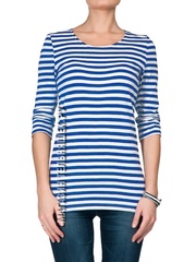 Купить голубую тельняшку женскую - Магазин тельняшек.ру 8-800-700-93-18Тельняшка женская приталенная с рукавом 3/4 (голубая полоса) в Магазине тельняшек