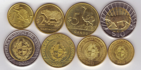 Набор из 4 монет Уругвая (1 песо 2012 и 2 5 10 песо) 2011-2012 г. Животные Уругвая. AUNC
