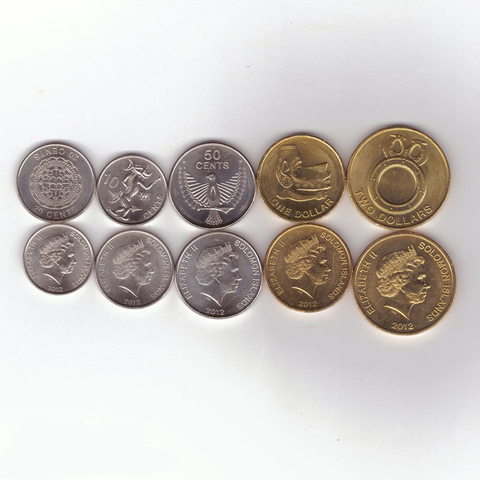 Набор из 5 монет Соломоновых островов (10, 20 и 50 центов; 1 и 2 доллара) 2012 год. AUNC