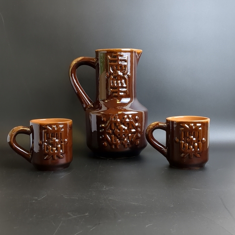 Набор из 3х предметов - кувшин и 2 кружки, обливная керамика, винтаж времен СССР 1970-1990 гг