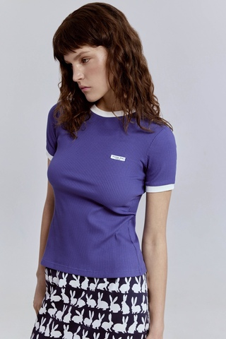 Футболка из хлопковой рибаны с контрастной отделкой васильковый