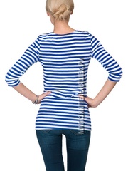 ВДВ женская тельняшка - Магазин тельняшек.ру 8-800-700-93-18Тельняшка женская приталенная с рукавом 3/4 (голубая полоса) в Магазине тельняшек