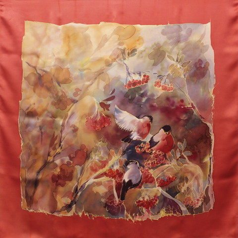 Шёлковый платок Снегири-2 90x90 см