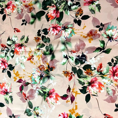Ткань шелк матовый с эластаном розовый с акварельными цветами 1084
