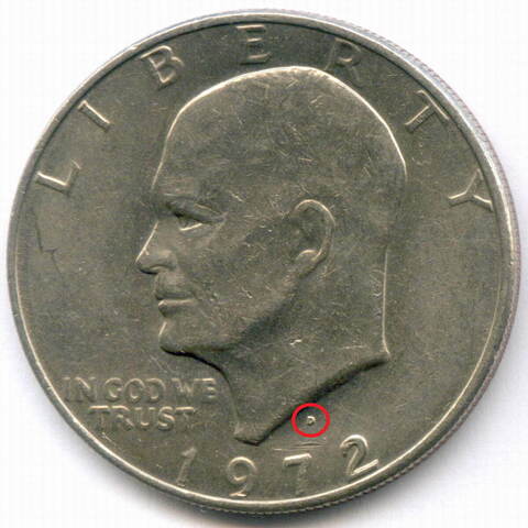1 доллар 1972 год (D). США. Эйзенхауэр. Медь с медно-никелевым покрытием, диаметр 38.1 мм. XF