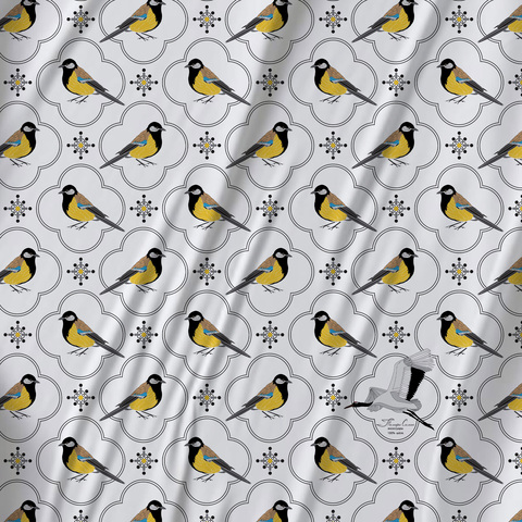 Платок каре 90*90см, СИНИЦА на белом