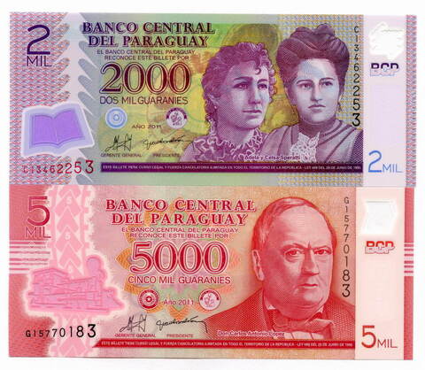 Банкноты Парагвая 2000 и 5000 гуарани 2011 год. UNC (пластик)