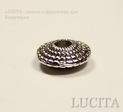 Бусина металлическая - рондель "Лучистая" 8х3 мм (цвет - античное серебро), 10 штук