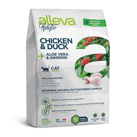Сухой корм Alleva Holistic 1,5 кг с курицей и уткой, алое вера и женьшенем для взрослых кошек