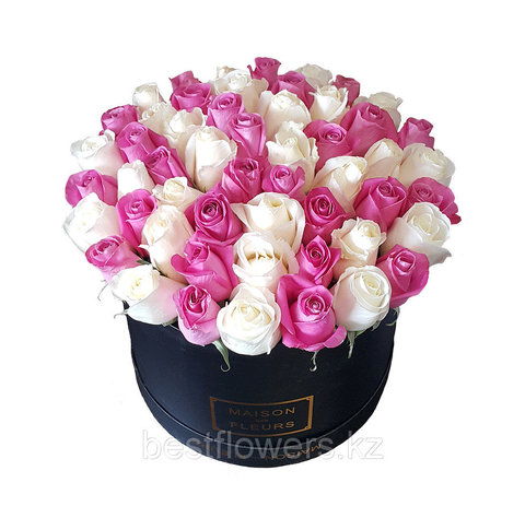 Коробка Maison с розами белые-малиновые