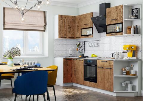 Кухня Техно 0,9*2,7м (490) Компоновка №2 (Экзотическое дерево Амазония, Белый (Антарес))