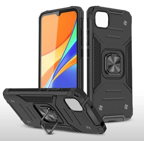Противоударный чехол для Samsung Galaxy A22 5G черный с пластиной для магнитного автодержателя и кольцом подставкой