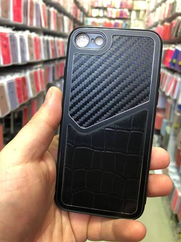 Силиконовый чехол с карбоном и эко-кожей Durable case LP series для iPhone 7, 8, SE 2020, SE 2022 (Черный)