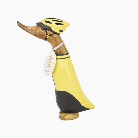 Утёнок-велосипедист в жёлтом костюме