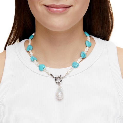 Turquoise Hearts and Pearl Necklace