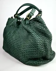 Женская плетеная сумка из натуральной винтажной кожи зеленого цвета