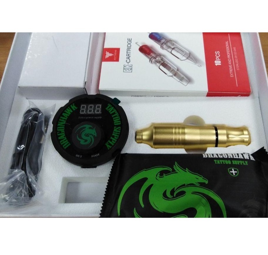 Тату-набор Mast Kit: роторная машинка для тату и перманента Dragonhawk Pen Wq090+Блок Питания Dragonhawk Airfoil Tattoo Power Supply P087+картриджи