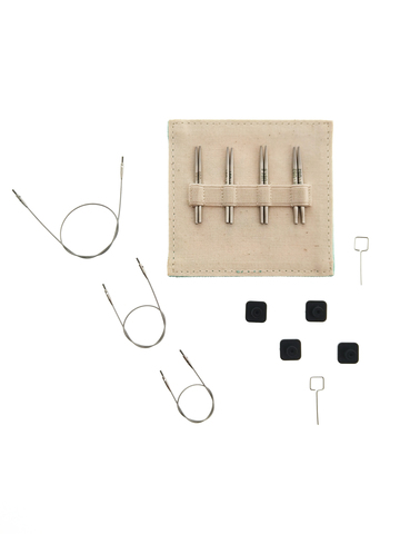Набор спиц съемных мини Mindful "Petite Mini" (в наборе: органайзер тканевый, спицы съемные Petite 8 размеров (2мм, 2,25мм, 2,5мм, 2,75мм, длина 5см и 7,5см) – нержавеющая сталь, тросик Petite 3шт (12,5см, 15см, 20см) - нержавеющая сталь с нейлоновым
