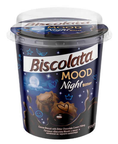 Печенье Biscolata Mood Night с какао и начинкой из черного шоколада, 115г