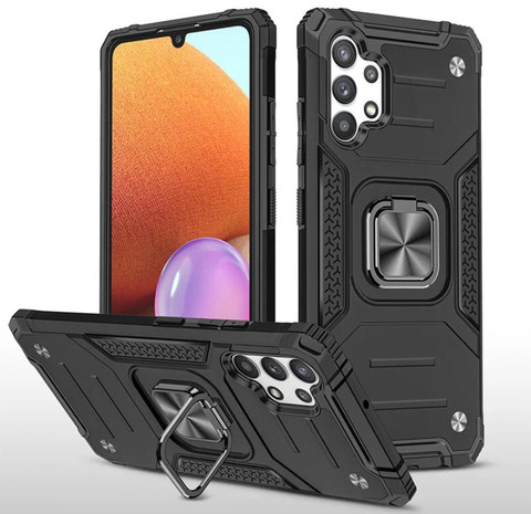 Противоударный чехол для Samsung Galaxy A32 A325 черный с пластиной для магнитного автодержателя и кольцом подставкой / чехол накладка для телефона Самсунг Галакси А32 трансформируется в подставку / чехол с держателем на палец