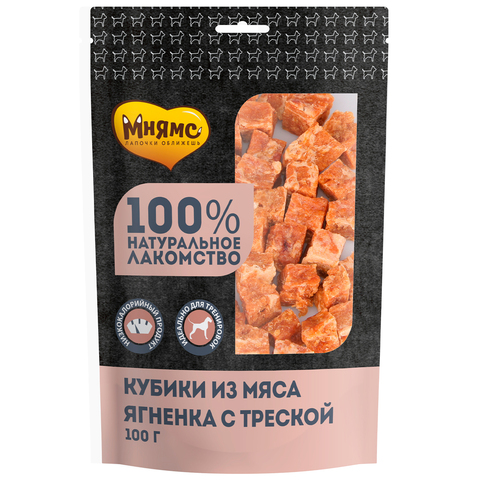 Мнямс лакомство для собак кубики из мяса ягненка с треской 100 г