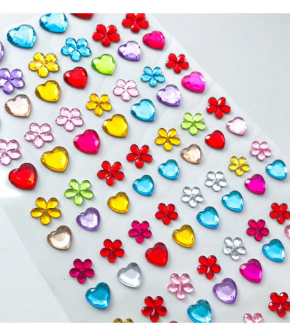 Стразы самоклеющиеся сердечки+цветочки разного размера 96 шт разноцветные