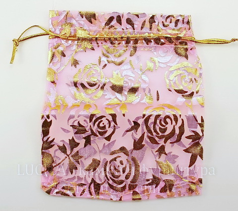 Подарочный мешочек из органзы "Золотые розы", цвет - розовый, 12х10 см