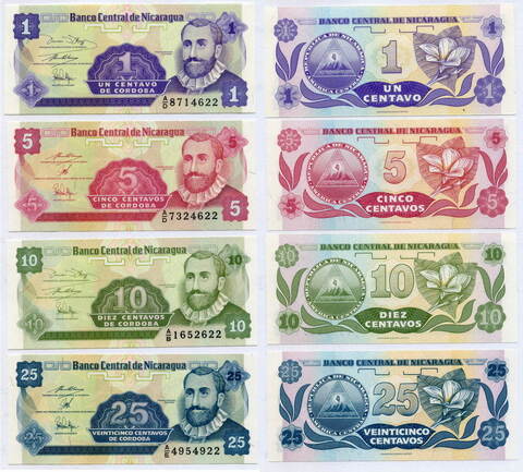 Банкноты Никарагуа 4 шт (1, 5, 10 и 25 центавос) 1991 год. UNC