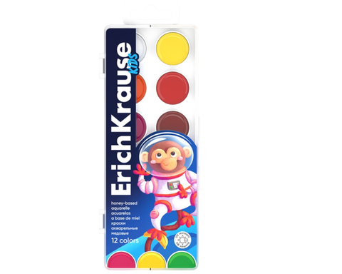 Краски акварельные ErichKrause Kids Space Animals медовые с УФ защитой яркости 12 цветов (в пластиковой коробке с европодвесом) Арт.61360