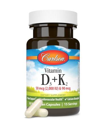 Carlson Labs Витамин D3 + K2, усвоение кальция, здоровая работа сердечно-сосудистой системы, 2000 IU, 60 штук