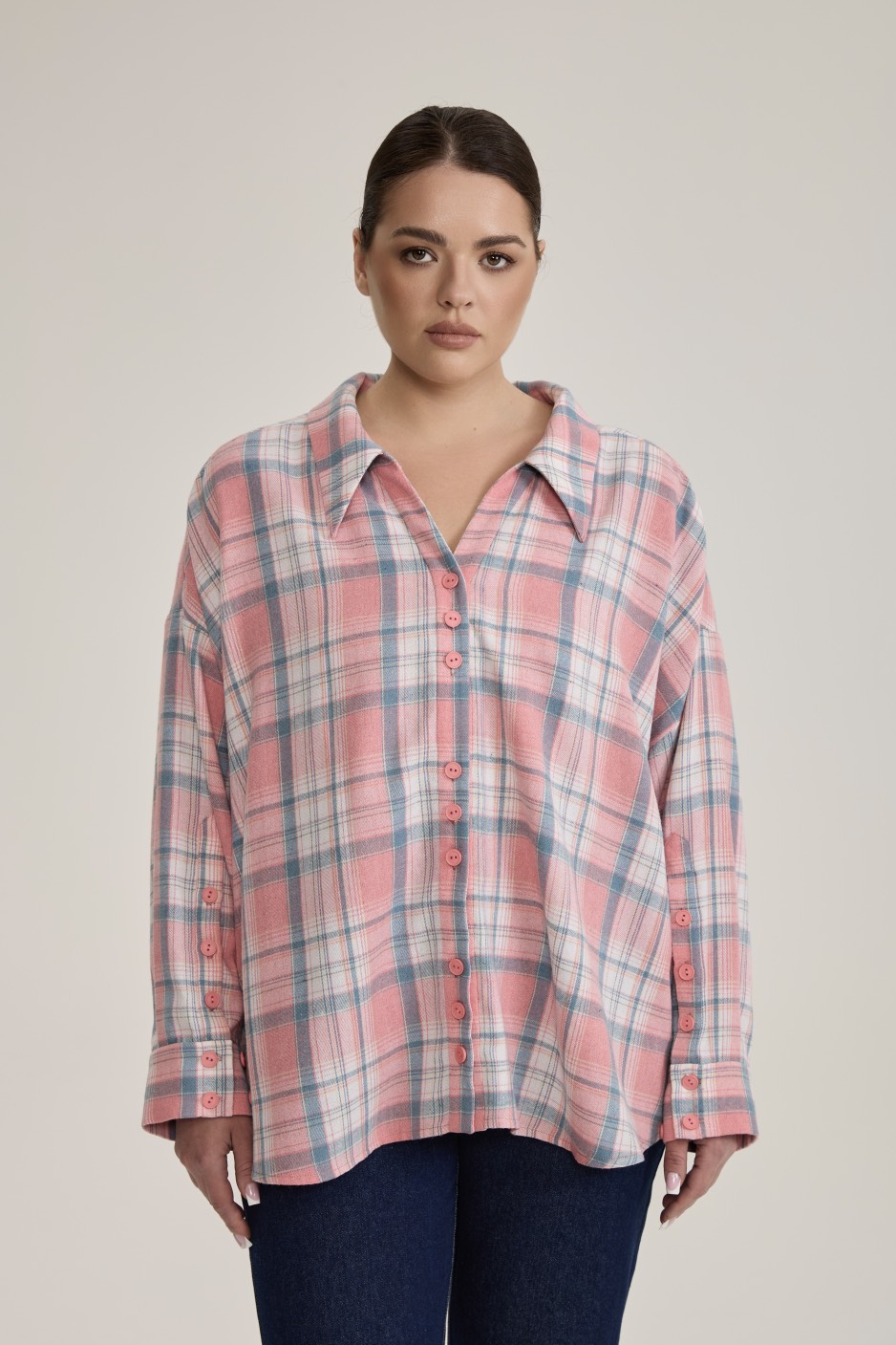 Рубашка в клетку оверсайз, розовый