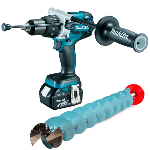 Аккумуляторная дрель-шуруповёрт Makita DHP481RTE + ледобур + ножи