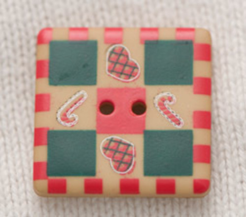 Пуговица квадратная рождественская, в клеточку, с сердечками и тянучками, песочно-зелёная