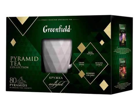 Набор 4 вида чая в пирамидках Greenfield c керамической кружкой, 80 пак/уп