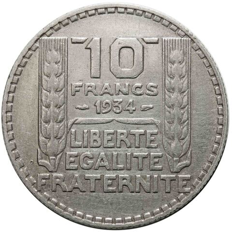 10 франков. Франция. Серебро. 1934 год. VF-XF