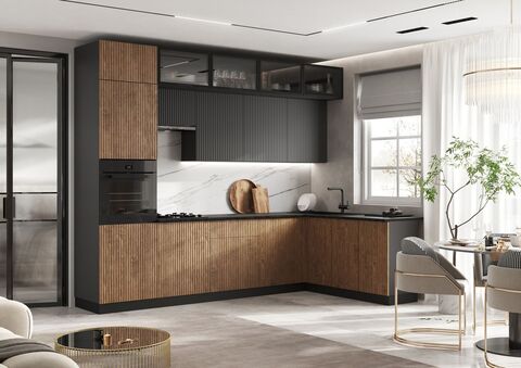 Кухня Оливия NEW 3,0х1,8/1080м (490) Компоновка №4 (Экзотическое дерево Амазония/Графит софт NEW,Графит (Кастилло темный))