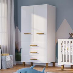 Шкаф 89х56х183, Чек, распашной для одежды, в детскую, спальню, прихожую, с дубовыми ручками и ножками, двухдверный, массив сосны, белый, Dipriz