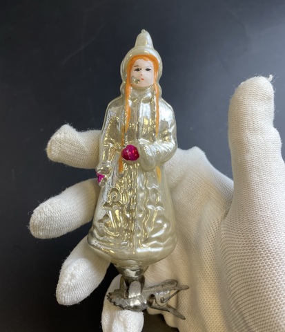 Игрушка ёлочная на прищепке "Снегурочка", роспись, стекло, винтаж СССР 1960-1980 гг