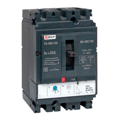 Выключатель автоматический в литом корпусе ВА-99C 100/20А 3P 35кА с термомагнитным расцепителем EKF